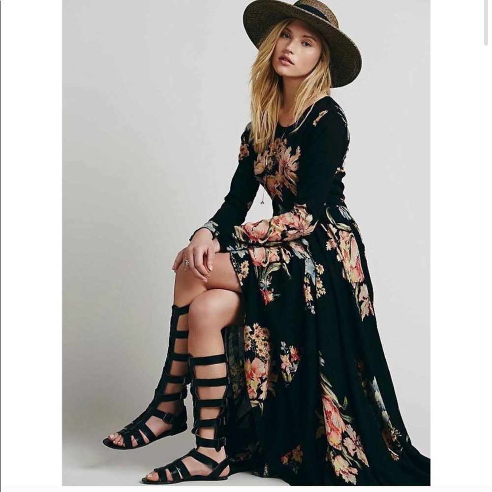 Free People “First Kiss” black floral maxi